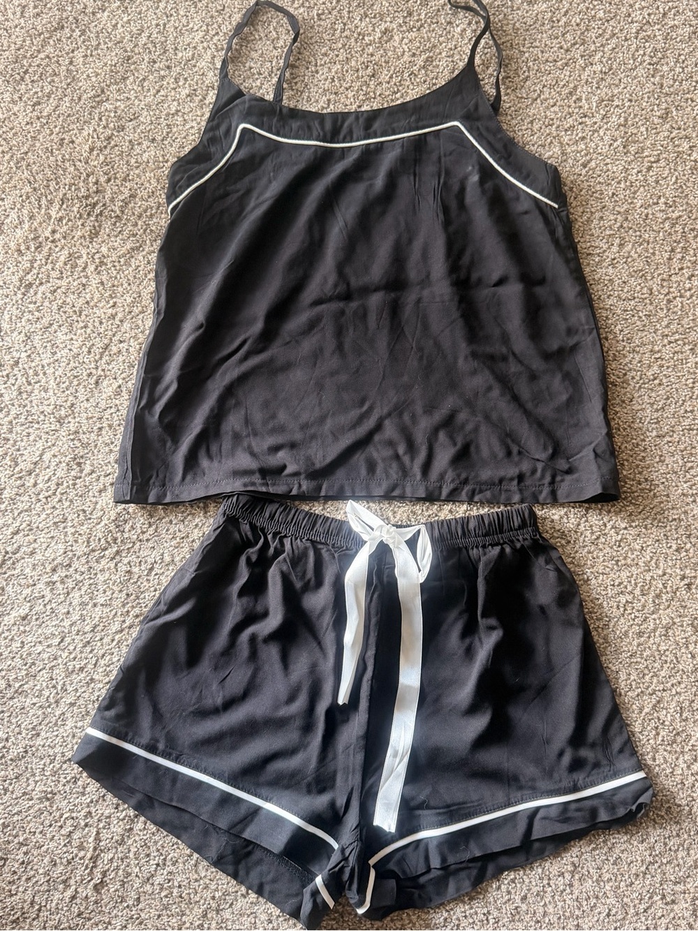NEW- Black Satin Two-Piece Pajama Set with White Trim